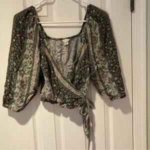 America Eagle Floral Wrap Tie Crop Top with Puff 3/4 Sleeves Size XS